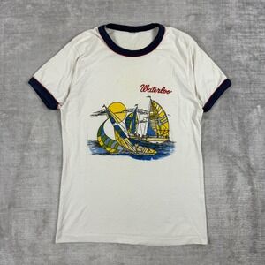 Vintage Sailing Shirt Mens Small White Vintage 80s Ringer Waterloo Canada Thin